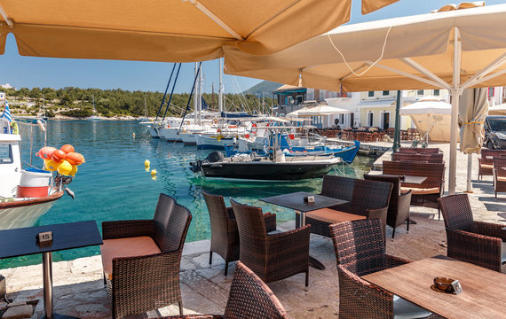  Wonderful Sunny seascape. Fiskardo village and harbor on Kefalonia Ionian island, Greece. popular travel destination. Amazing plase for holyday.