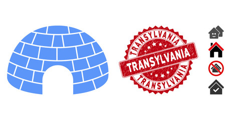 Vector igloo icon and grunge round stamp seal with Transylvania text. Flat igloo icon is isolated on a white background. Transylvania stamp seal uses red color and grunge texture.