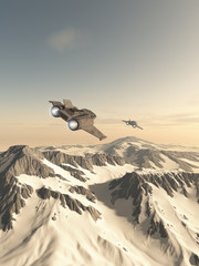 Science fiction illustration of two single seater star fighter spaceships patrolling the mountains of a snow covered planet, 3d digitally rendered illustration © Algol
