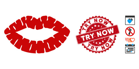 Vector kiss print icon and corroded round stamp seal with Try Now caption. Flat kiss print icon is isolated on a white background. Try Now stamp seal uses red color and grunge design.