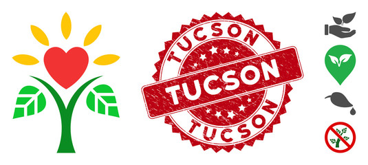 Vector life icon and distressed round stamp seal with Tucson text. Flat life icon is isolated on a white background. Tucson stamp seal uses red color and dirty surface. Bonus icons are added.