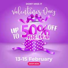 Happy Valentine Days Sale Celebration Template With Open Box Purple Background, For Online Shop Vector Illustration EPS10