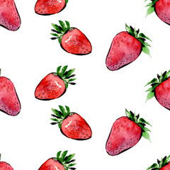 Seamless pattern of watercolor strawberry on white background