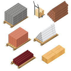 Construction materials isometric icon set, concrete products, bricks, aerated concrete blocks, roofing and insulating materials, vector graphic illustration