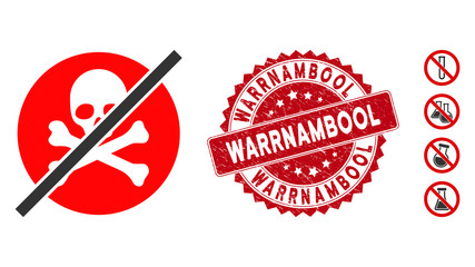 Vector no toxins icon and distressed round stamp seal with Warrnambool text. Flat no toxins icon is isolated on a white background. Warrnambool stamp seal uses red color and scratched surface.