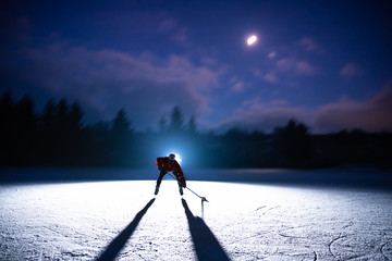 Hockey game illustration photo, silhouette of player, edit space.