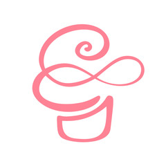 Cake vector calligraphic logo. Sweet cupcake with cream, vintage dessert emblem template design element icon. Candy bar birthday or wedding invitation