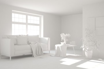 Mock up of stylish room in white color with sofa. Scandinavian interior design. 3D illustration