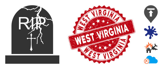 Vector old grave icon and grunge round stamp seal with West Virginia caption. Flat old grave icon is isolated on a white background. West Virginia stamp seal uses red color and rubber design. - obrazy, fototapety, plakaty