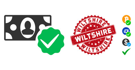 Vector paid in full icon and distressed round stamp watermark with Wiltshire phrase. Flat paid in full icon is isolated on a white background. Wiltshire stamp seal uses red color and grunge design.