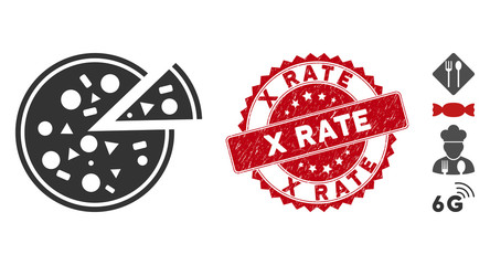 Vector pizza icon and rubber round stamp seal with X Rate phrase. Flat pizza icon is isolated on a white background. X Rate stamp seal uses red color and rubber surface. Bonus icons are added.