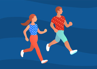 Fototapeta na wymiar Athletic young man and woman jogging together. Blue background. Vector illustration.