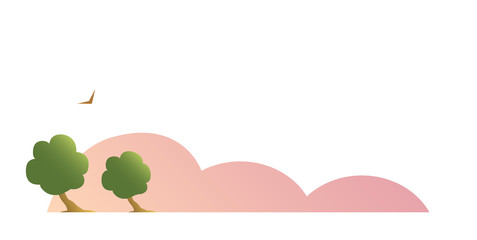 A nature landscape drawn with pink fog, trees and a bird. Vector isolated illustration.