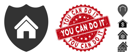 Obraz premium Vector realty insurance icon and corroded round stamp seal with You Can Do It text. Flat realty insurance icon is isolated on a white background.