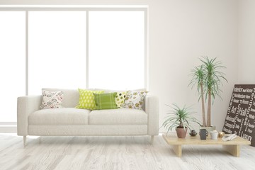 Stylish room in white color with sofa. Scandinavian interior design. 3D illustration