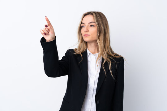 Young Business Woman Over Isolated White Background Touching On Transparent Screen