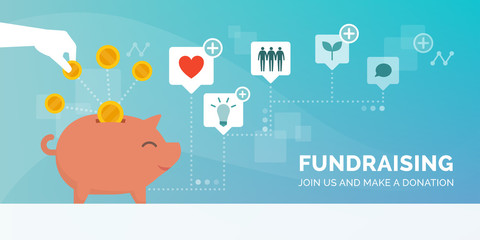 Fundraising promotional advertisement with piggy bank
