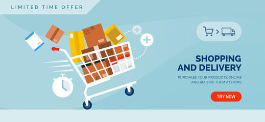 Shopping and delivery promotional sale banner with shopping cart © elenabsl