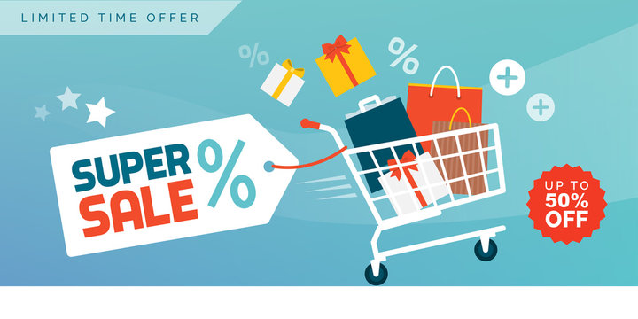Online Shopping Promotional Sale Banner With Full Shopping Cart