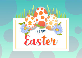 Vector blue illustration Happy Easter background with realistic Easter eggs and spring flowers. Easter card, poster, invitation, banner. Three eggs with a pattern, color, grass and lettering