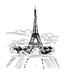 Illustration of paris with eiffel tower. Hand drawn ink sketch converted to vector.