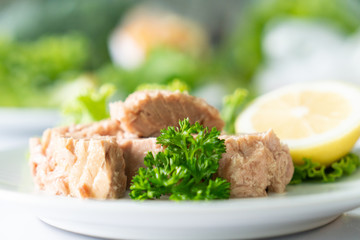 Tuna chunk on white plate.