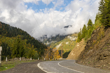 The  road passing through the mountains covered with forests in the mountainous part of Georgia in rainy weather