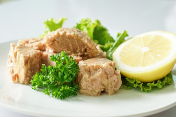 Tuna chunk on white plate.