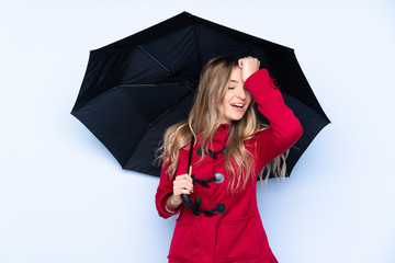 Young woman with winter coat and  holding an umbrella has realized something and intending the solution