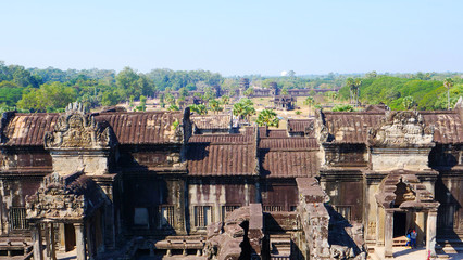 Popular tourist attraction landscape view of ancient temple complex Angkor Wat in Siem Reap,...