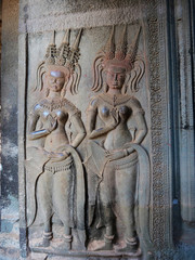 Stone rock carving art decoration ruin of ancient temple complex Angkor Wat in Siem Reap, Cambodia