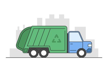 Flat style garbage truck with city landscape behind isolated on white background. Side view cartoon vector illustration.
