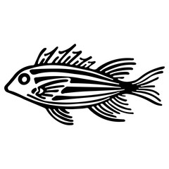 Cute marine fish isolated on white background. Monochrome lineart cartoon vector illustration. Hand drawn fish isolated sea life elements. Design used for shop aquariums, oceanariums.