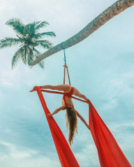 female aerialist in red swimsuit makes tricks on the red airsilk on the palm tree on the sky...