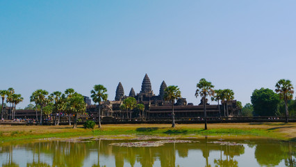 Popular tourist attraction landscape view of ancient temple complex Angkor Wat in Siem Reap, Cambodia