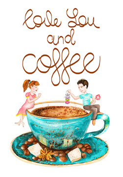 A turquoise coffee Cup on a saucer with a girl and a boy sitting on it and an inscription. Watercolor illustration.