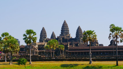 Popular tourist attraction landscape view of ancient temple complex Angkor Wat in Siem Reap, Cambodia