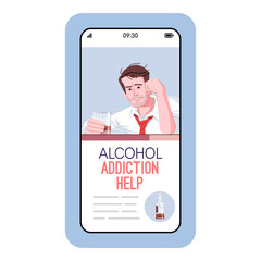 Alcohol addiction help cartoon smartphone vector app screen. Mobile phone displays with flat character design mockup. Assistance to addicts. Alcoholism overcoming application telephone interface