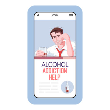 Alcohol Addiction Help Cartoon Smartphone Vector App Screen. Mobile Phone Displays With Flat Character Design Mockup. Assistance To Addicts. Alcoholism Overcoming Application Telephone Interface