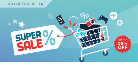 Electronics promotional sales banner with shopping cart - obrazy, fototapety, plakaty