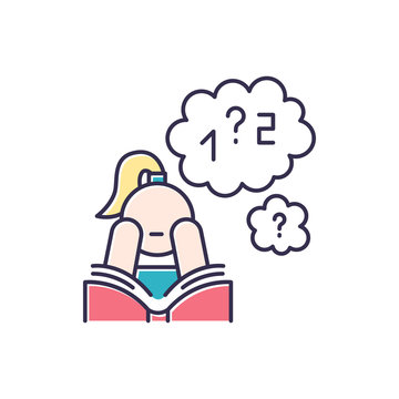 Poor concentration color icon. Math problem solving. Algebra studying. Wandering focus. Boring read. Attention deficit. Low motivation. Girl with ADHD. Isolated vector illustration
