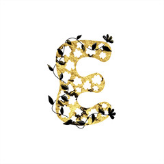 English alphabet with a round golden letter E and twigs. Vector illustration. Vintage style for the design of wedding products, invitations, greetings, print, logo, icons.