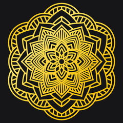 Abstract Petals Leaf Mandala Gold Line On Black Background. Vector Illustration