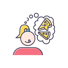 Pizza craving color icon. Woman thinking of fast food. Unhealthy treat. Appetite for italian cuisine. Girl want snack. Margherita and pepperoni. Thought of junk food. Isolated vector illustration
