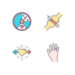 Predmenstrual syndrome color icons set. Menstrual cycle. Joint pain. Libido racing. Sex drive. Swollen hand. Muscle strain. Bone injury. Gain weight. Sport trauma. Isolated vector illustrations