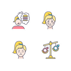 Predmenstrual syndrome color icons set. Food craving. Girl hungry for burger. Acne and pimple. Dermatology, cosmetology. Sadness and stress. Hormonal disbalance. Isolated vector illustrations