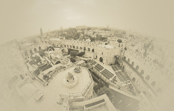 vintage fisheye view like a old map of the David's tower in Jerusalem, Israel.