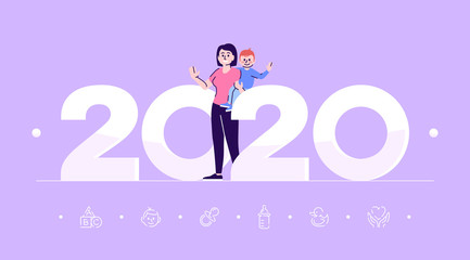 Professions 2020 flat banner vector template. Nanny isolated cartoon characters on lavender. Nursemaid with child on hands. Babysitter. Banner, brochure page, leaflet design layout with place for text