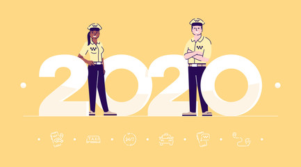 Professions 2020 flat banner vector template. Taxi drivers isolated cartoon characters on yellow. Cabman in uniform. Car service. Banner, brochure page, leaflet design layout with place for text
