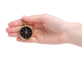 Vintage compass travel in hand on white background isolation